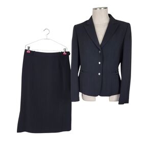 Tahari ASL Midi Skirt Suit Size 8 Black Snap Closure Slip Pockets Side Slit